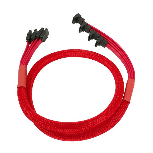 Nanoxia SATA 3.0 4-fach Anschlusskabel, abgewinkelt, Sicherheitslasche, 73-77-81-85 cm, roter Sleeve