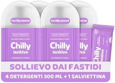 Chilly, Detergente Intimo Lenitivo, Sollievo dai piccoli fastidi intimi, con Anti-Odor, Per L'Igiene Intima, con Bisabololo dalle proprietà Dermocalmanti, pH 5, Clinicamente Testato, 4 Pezzi da 300 ml
