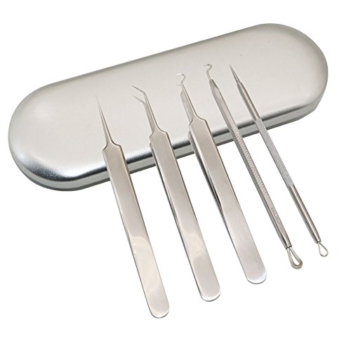 Pinkiou Akne Nadel Kit Blackhead Remover Werkzeug Edelstahl Set Nase Blackhead Skin Extractor mit Silber Metall Fall (5 Stück ein Pack)
