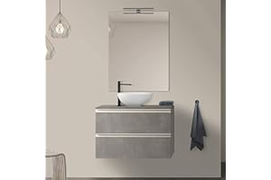 INBAGNO Mobile Bagno sospeso 80 cm per lavabo da appoggio, serie Master 2 cassetti, Completo di Top e Specchio (Grigio Cemento)