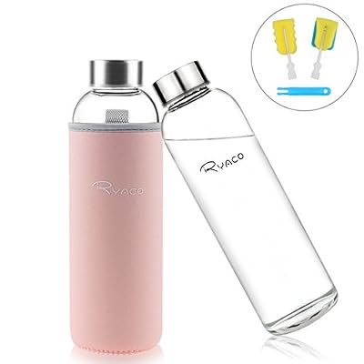 Ryaco 550ml/18oz Bouteille en Verre Borosilicate avec Manche en Néoprène - Respectueux de l'environnement & Sans BPA (Rose)