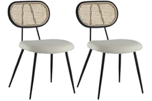 Happy Garden Chaise de Salle à Manger Vintage Elena en cannage et Tissu Boucle écru, Pieds en métal Noir