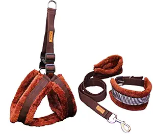 Petshop7 Fur Padded Nylon Dog Harness, Dog Collar & Dog Leash Medium (Chest Size - 27-32inch) Brown
