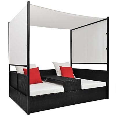 vidaXL Lit Double à Baldaquin d'Extérieur Poly Rotin Noir Bain de Soleil