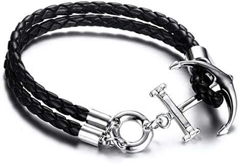 LZHMNew Fashion Circle Leather Bracelet Wristband Unisex Hand Woven Bracelet Tribal Braided Rope Anchor Pendant Black