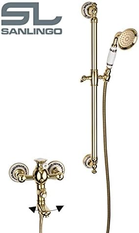 Retro Bath Bathtub Shower Bar Set Bath Filler Tap Mixer Hand Shower Gold Ceramic BELE Series Sanlingo