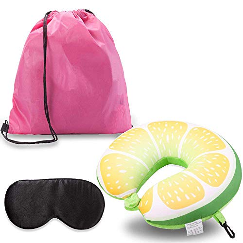 Preisvergleich Produktbild Fugzeug Reisekissen,Nackenkissen Obst Reisen kissen + Schwarz Schlafmaske + Rosa Schrumpfbeutel U-Form Kissen Nackenkissen für lange Reise Schlafen Nacken Schutz Flüge Autoreisen Flugzeug Bahn