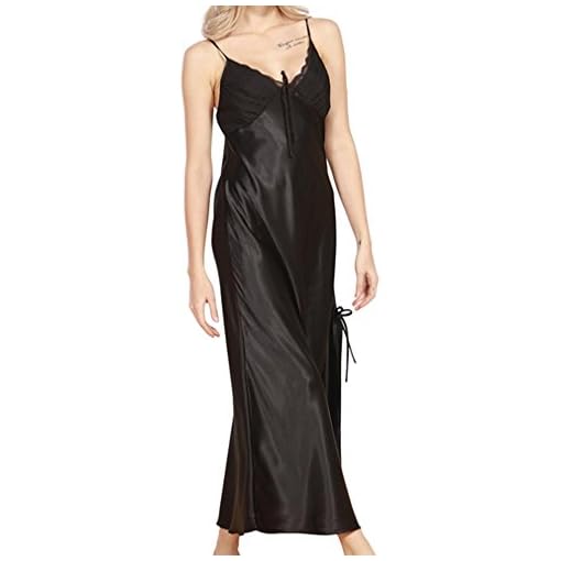 Hibote-Ladies-Donna-Satin-Long-Nightdress-Faux-Silk-Lace-Lingerie-Camicia-da-notte-Sleepwear
