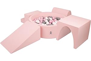 KiddyMoon Aire De Jeux en Mousse avec Rond Piscine À Balles (200 Balles) Fosses À Boules pour Enfants Jouets Parcours Obstacles, Fabriqué en UE, Rose:Blanc/Gris/Rose Poudré