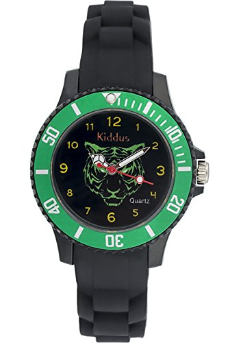 OROLOGIO IMPERMEABILE KIDDUS PER SPORT, per bambini. Analogico, da polso, in silicone morbido, con esercizi per imparare a leggere l'ora, movimento al quarzo giapponese. KI10109 Tigre