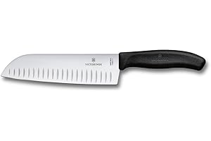 Victorinox Swiss Classic Cuchillo de cocina/Santoku, Con hoja de 17 cm y filo alveolado, Fabricado en acero inoxidable, Blister, Negro