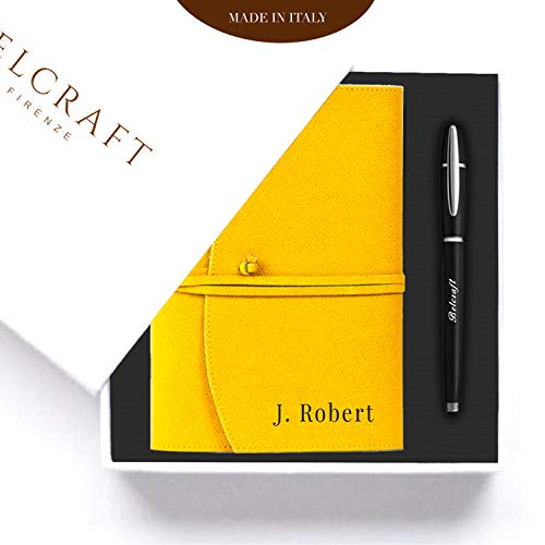 Preziosa Idea Regalo Made in Italy composta da Portofino diario/taccuino in Pelle con Personalizzazione, Blocco intercambiabile e Penna a sfera in una Elegante Scatola Regalo (Giallo)