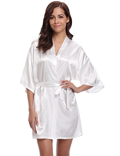 Preisvergleich Produktbild Aibrou Damen Satin Morgenmantel Kimono Lang Bademantel Schlafanzug Nachthemd Nachtwäsche Unterwäsche V Ausschnitt Weiß L