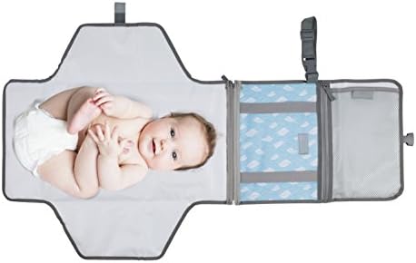 Portable Changing Mat – Waterproof, foldable changing mat with lots of compartments - Soft resting surface 55x50cm with headrest included – Carrying strap – Click closure - Blue