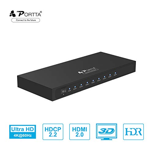 Portta HDMI Splitter 4K@60Hz 1X8 Distribuidor V2.0 1 Entrada 8 Salidas HDMI Amplificador Soporta 4K@60Hz 4:4:4 HDCP 2.2/1.4 Ultra HD HDR para PS3/PS4 PRO/Xbox 360/One/Blu-ray DVD/HDTV