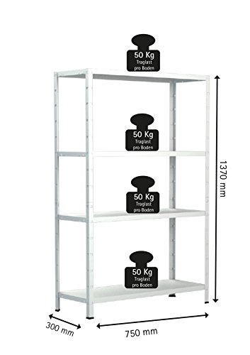 Regal Steckregal weiß Metall 137x75x30cm Regalsystem Steckregalsystem 4 Metall-Böden Traglast 200kg einfache Montage durch Stecksystem kein Verschrauben Schulte - 4