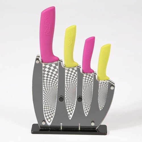 Rocknife 4 Piece Ceramic Knife Set Lime &amp; Pink With FREE Knife Block