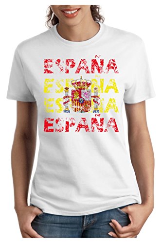 OM3 – ESPAÑA – Damen T-Shirt tailliert – SPAIN EM 2016 FRANKREICH FRANCE FUSSBALL FANSHIRT SOCCER SPORT TRIKOT EUROPAMEISTER, M, weiss