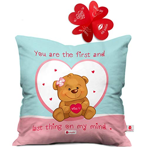 Indigifts First and Last Thing on My Mind Quote Cute Teddy Bear Inside a Heart Blue Micro Satin Cushion Cover (16x16 inch)