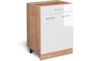 Vicco Mueble bajo de Cocina R-Line, Blanco Alto Brillo/Roble Dorado, 60 cm con cajón, sin encimera