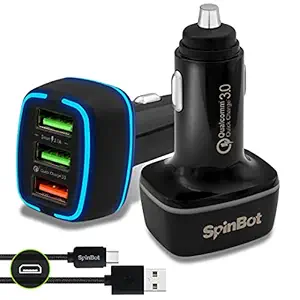 SpinBot ChargeUp 3 Ports 30W Quick Charge 3.0 Fast Car Charger + Braided Micro USB Cable (Black)