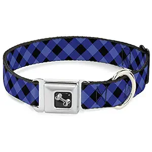 Buckle-Down Diagonal Buffalo Plaid Black/Blue Dog Collar Bone, Wide Large/18-32