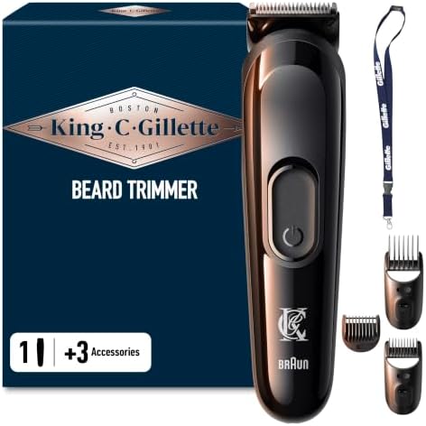 King C. Gillette Kit Regolabarba Uomo, 1 Testina, 3 Pettini Regolatori, 1 Spazzolina, Caricatore, Rasoio Elettrico Barba, Idea Regalo Uomo Kit Professionale, Lame Rasoio Affilate, con Laccetto