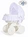 **BRAND NEW LUXURY WHITE WICKER CRIB / MOSES BASKET / BASSINET WITH HOOD, SOLID WHITE WOODEN BASE, WHITE WITH LACE BEDDING SET + BRITISH MADE MATTRESS