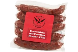 LANDMETZGEREI FAUSER GOELZ Original Fire Sticks Sharp Smoked Sausage | 120 g Pack of 5 | Own Production | Men's Gift | Pepper Biter | Smoke Whips | with Carolina Reaper Chilli
