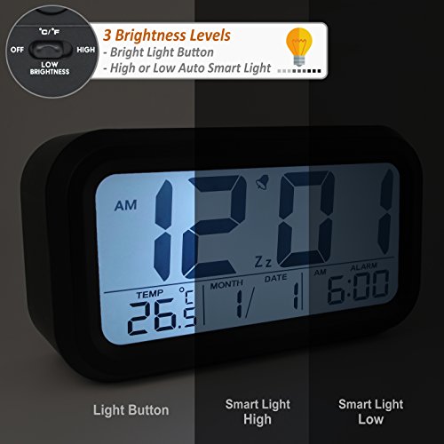 JCC batteriebetriebener Reisewecker LED Digital-Wecker mit extra großem Display, 5 Minuten Snooze, Temperatur, Datumsanzeige, und Lichtsensor Nachtlicht – schwarz - 3