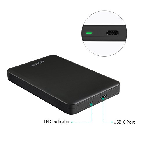 AUKEY Festplattengehäuse USB C 2,5-Zoll Festplatte Externes Gehäuse mit USB C Kabel für 7 & 9.5 mm 2.5” SATA HDD / SSD Kompatibel mit Windows und MAC Systems ( Schwarz ) - 2