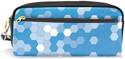 Students Pencil Case Pouch Abstract Geometric Hexagon Pattern Blue PU Leatehr Organizer Pen Holder Box Women Purse Wallet Waterproof Large Capacity Hand Mini Cosmetic Makeup Bag