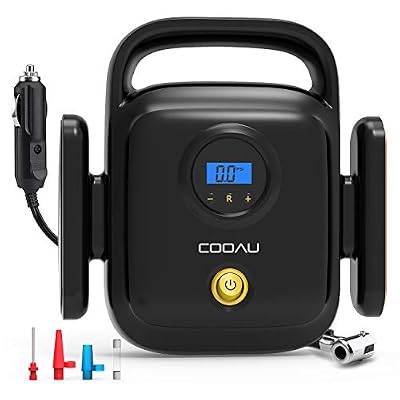COOAU Compresseur d'air Portatif 12V, Gonfleur Electrique avec Rechargeable d'Allume-Cigare, Compresseur Air Numérique LCD Écran, avec Lampe LED, Compatible avec Véhicules, Moto, Vélo - 150PSI