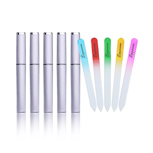 Eggsnow 5PCS Nail files With Case,Crystal Nail File for Manicure and Pedicure,Glass Nail File Set With Hare Silver Case