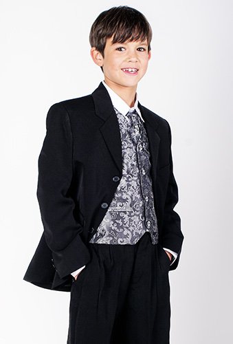 Boys Black Suit With Silver Waistcoat Adam Age 12 Years