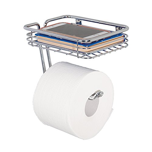 mDesign Toilettenpapierhalter Chrom – WC Rollenhalter mit Feuchttücherbox oder Ablage für Smartphone etc. zur Wandmontage – Chrom