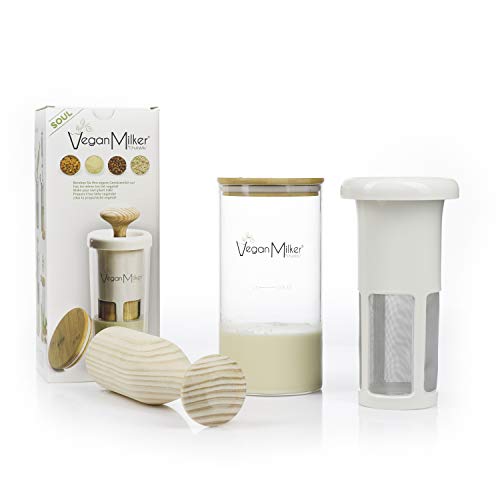 VEGAN MILKER SOUL, utensilio para hacer leches vegetales a partir de cualquier semilla. Elabora 1 litro en 1 minuto. Mortero de madera, repiente de vidrio, tapa de bambú. Libro de Recetas gratis (PDF)