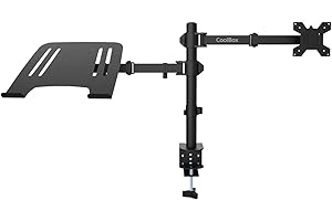 CoolBox MP01 - Soporte Monitor y Portatil, Pantalla hasta 8 kg y 32", Portátiles hasta 17", VESA 75x75 y 100x100, Altura, Inclinación y Giro Ajustables, Bandeja Inclinable. Negro