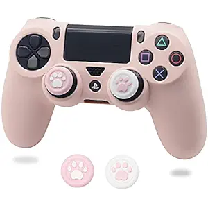 PS4 Controller Skin, BRHE Anti-Slip Grip Silicone Cover Protector Case Compatible with Playstation 4 Slim/PS4 Pro Wireless/Wired Gamepad Controller with 2 Cat Paw Thumb Grip Caps (Sakura Pink)