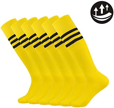 Fancy Fan Football Sports Socks Unisex Knee High Triple&amp;Classic Plain Athletic 2-12 Pairs (6 Pairs-light Yellow and Black Striped)