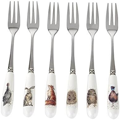 Set of 6 OWL Hare Pheasant Fox Stainless Steel Ceramic Handled PASTRY FORKS