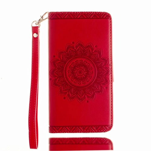 MUTOUREN für iPhone SE 5 5S Hülle Schutzhülle PU Leder Bookstyle Handyhülle Brieftasche Wallet Schale Portemonnaie Klapphülle mit Standfunktion Taschen kratzfeste Stoßfest Magnetic Snap Bumper Schale – Geprägte Muster indische Mandala Rot + Stylus Touch Pen - 3