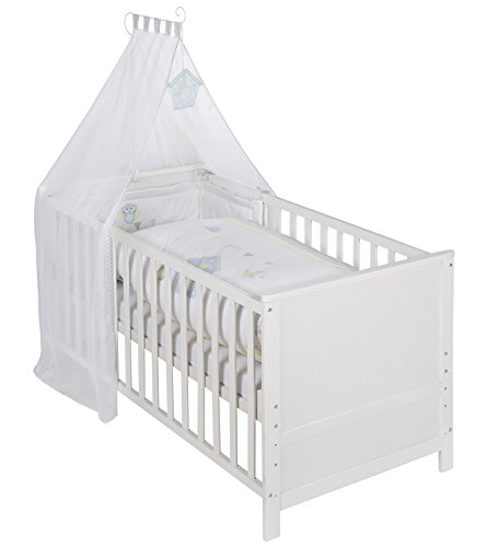 Preisvergleich Produktbild roba 203008WES183 Komplettbett Set 'Wiesenglück', Babybett weiß Himmel, Nest, Matratze, Kombi Kinderbett 70 x 140 cm umbaubar zum Junior Bett