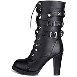 LuckyGirls Botas Mujer Moteras Botines Remaches Moda Botas Casual Calzado Zapatillas con Cordones Zapatos de Tacón 10cm