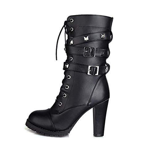 LuckyGirls Botas Mujer Moteras Botines Remaches Moda Botas Casual Calzado Zapatillas con Cordones Zapatos de Tacón 10cm