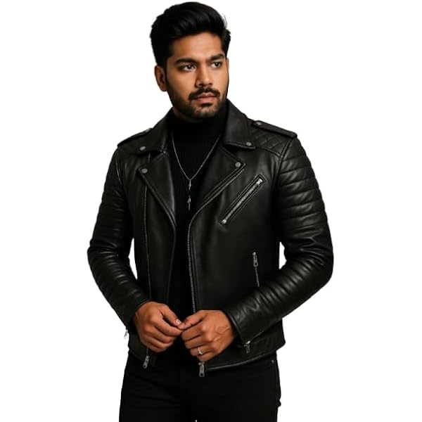 Buy Classic Motorcycle Leather Jacket, Black, Quilted Sleeves