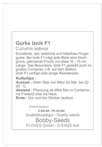 Bobby-Seeds Gurkensamen Iznik F1, Portion - 3