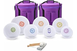 CVNC 440HZ Set of 7 PCS Chakra Design Frosted Quartz Crystal Singing Bowls 15cm-30cm(6 Inch - 12 Inch) with 2 PCS Travel Carry Case Bag