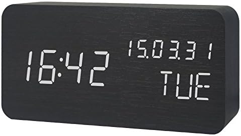 Wooden Alarm Clock LED Digital Calendar Dual Screen Time Date Temperature Weekly Electronic Desktop Home Travel Clocks for Bedrooms (Black Wood White Light)