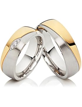 2 Eheringe Hochzeitsringe Trauringe Verlobungsringe aus Edelstahl, Bicolor gold silbern, mit 3 Zirkonia & gratis...